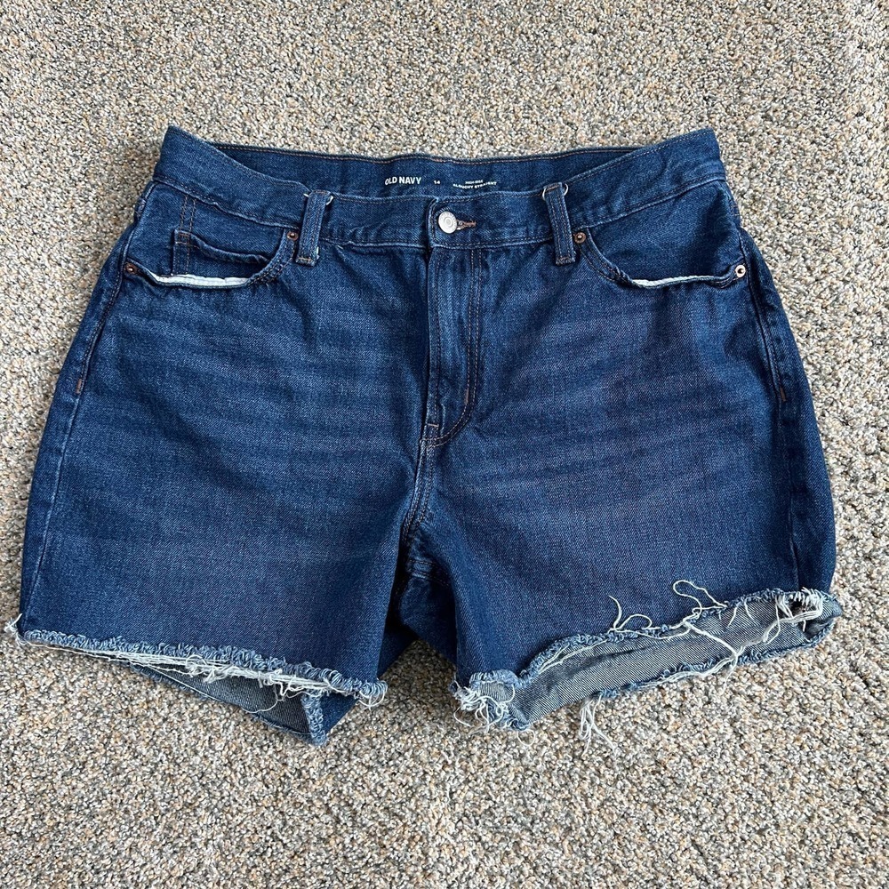 Old Navy Shorts Women's 14 Slouchy Straight High Rise Cotton Dark Wash Raw Hem